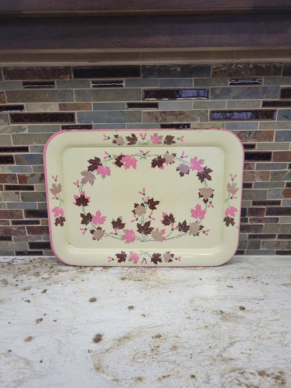 Cottagecore Serving Tray, Vintage Autumn Decor, Pink Lap TV, Fall Maple Leaves